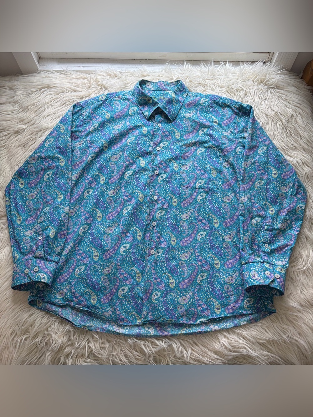 Alan Flusser Men XXL Paisley Button Down Shirt Blue 100% Cotton Long Sleeve